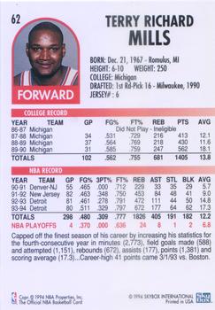 1994-95 Hoops #62 Terry Mills Back