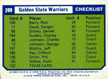 1975-76 Topps - Team Checklists #209 Golden State Warriors Front