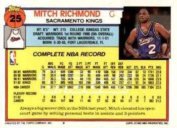 1992-93 Topps - Gold #25 Mitch Richmond Back