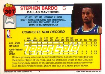 1992-93 Topps - Gold #307 Steve Bardo Back