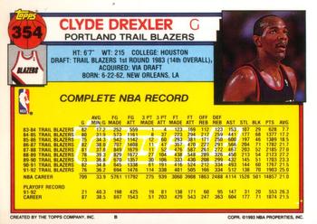 1992-93 Topps - Gold #354 Clyde Drexler Back