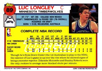 1992-93 Topps - Gold #89 Luc Longley Back