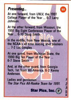 1991 Star Pics - Medallion #60 All-Rookie Team (Larry Johnson / Doug Smith / Luc Longley / Kenny Anderson / Steve Smith) Back
