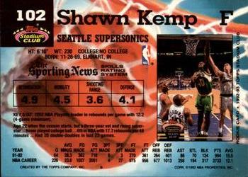 1992-93 Stadium Club - Members Only #102 Shawn Kemp Back