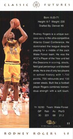 1993 Classic Futures #11 Rodney Rogers Back