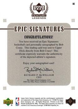 1998-99 Upper Deck Century Legends - Epic Signatures #BC Bob Cousy Back