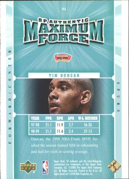 1999-00 SP Authentic - Maximum Force #M4 Tim Duncan Back