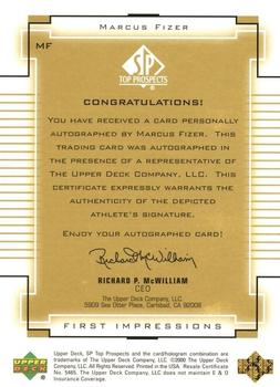 2000 SP Top Prospects - First Impressions Gold #MF Marcus Fizer Back