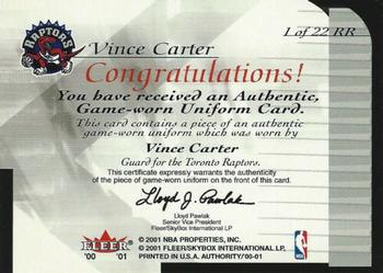 2000-01 Fleer Authority - Rookie Reflections #1 RR Vince Carter Back