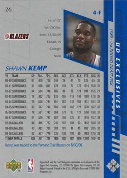 2000-01 Upper Deck - UD Exclusives Silver #26 Shawn Kemp Back
