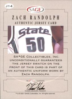 2001 SAGE - Authentic Jerseys Platinum #J14 Zach Randolph Back