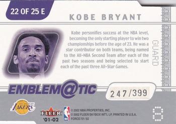 2001-02 Fleer Force - Emblematic #22 E Kobe Bryant Back