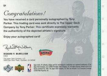 2001-02 SP Authentic - SP Signatures #TP Tony Parker Back