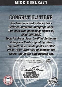 2002 Press Pass - Autographs #NNO Mike Dunleavy Back