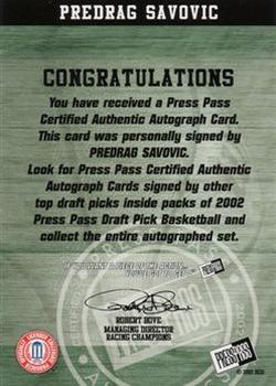 2002 Press Pass - Autographs #NNO Predrag Savovic Back