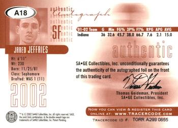 2002 SAGE - Autographs Bronze #A18 Jared Jeffries Back