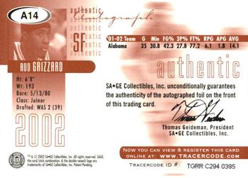 2002 SAGE - Autographs Gold #A14 Rod Grizzard Back