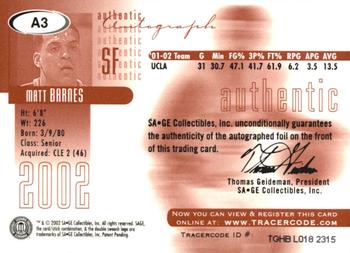 2002 SAGE - Autographs Platinum #A3 Matt Barnes Back