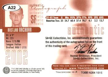 2002 SAGE - Autographs Silver #A22 Bostjan Nachbar Back