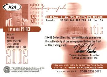 2002 SAGE - Autographs Silver #A24 Tayshaun Prince Back