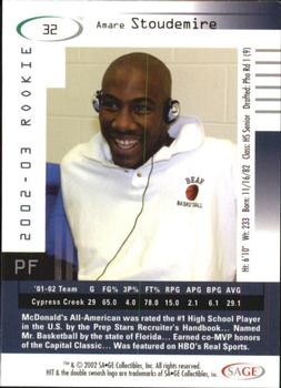 2002 SAGE HIT - 5th Anniversary #32 Amare Stoudemire Back