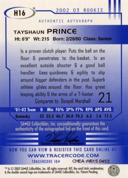 2002 SAGE HIT - Autographs Emerald #H16 Tayshaun Prince Back