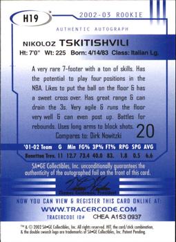 2002 SAGE HIT - Autographs Emerald #H19 Nikoloz Tskitishvili Back