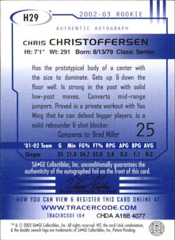 2002 SAGE HIT - Autographs Emerald #H29 Chris Christoffersen Back