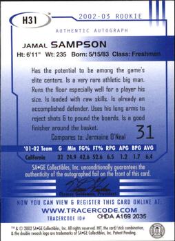 2002 SAGE HIT - Autographs Emerald #H31 Jamal Sampson Back