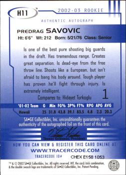 2002 SAGE HIT - Autographs Gold #H11 Predrag Savovic Back
