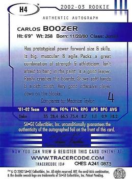 2002 SAGE HIT - Autographs Silver #H4 Carlos Boozer Back