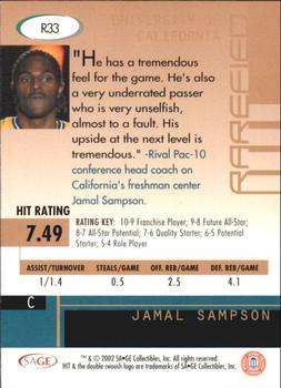 2002 SAGE HIT - Rarefied Emerald #R33 Jamal Sampson Back
