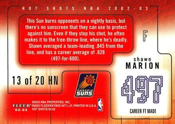 2002-03 Fleer Hot Shots - Hot Numbers #13 HN Shawn Marion Back