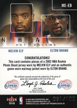 2002-03 Hoops Hot Prospects - Hot Tandems #ME-EB Melvin Ely / Elton Brand Back