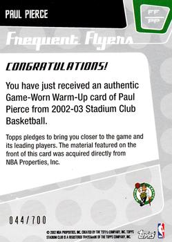 2002-03 Stadium Club - Frequent Flyers Relics #FF-PP Paul Pierce Back
