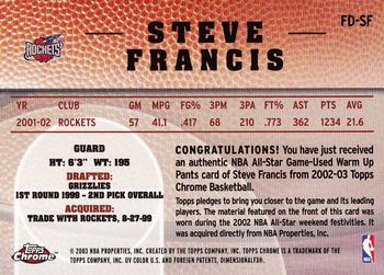2002-03 Topps Chrome - Final Destination Relics #FD-SF Steve Francis Back