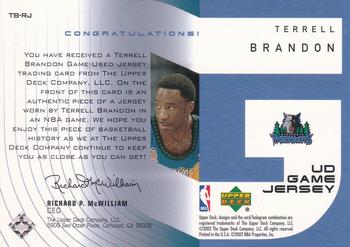 2002-03 Upper Deck - UD Game Jerseys Series One #TB-RJ Terrell Brandon Back