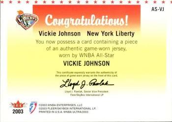 2003 Ultra WNBA - All-Star Review Material #AS-VJ Vickie Johnson Back