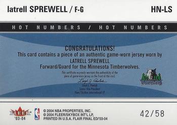 2003-04 Flair Final Edition - Hot Numbers Patches Platinum #HN-LS Latrell Sprewell Back