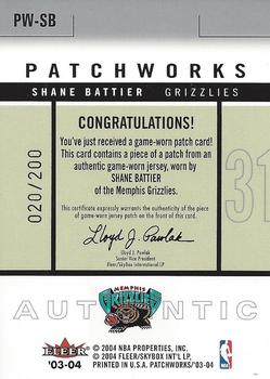 2003-04 Fleer Patchworks - Jerseys #PW-SB Shane Battier Back