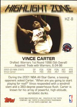 2003-04 Topps - Highlight Zone #HZ-8 Vince Carter Back