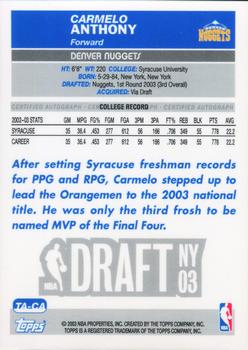 2003-04 Topps - Rookie Photo Shoot Autographs #TA-CA Carmelo Anthony Back