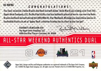 2003-04 Upper Deck - All-Star Weekend Authentics Dual #AS-KB/KG Kobe Bryant / Kevin Garnett Back