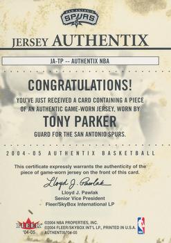 2004-05 Fleer Authentix - Jersey Authentix (75) #JA-TP Tony Parker Back
