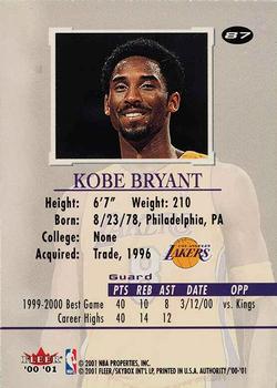 2000-01 Fleer Authority #87 Kobe Bryant Back