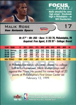 2000-01 Fleer Focus #17 Malik Rose Back