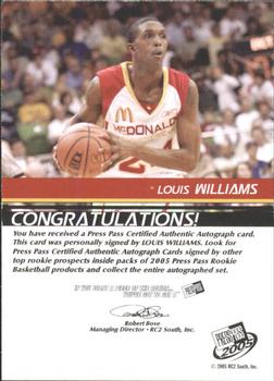 2005 Press Pass - Autographs Blue Player Silhouettes #NNO Louis Williams Back