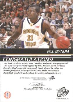 2005 Press Pass - Autographs Gold Half Court #NNO Will Bynum Back