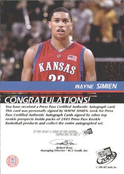 2005 Press Pass - Autographs Silver Jersey Numbers #NNO Wayne Simien Back