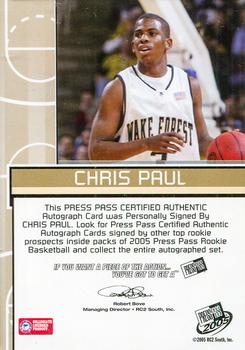 2005 Press Pass - Power Pick Autographs #NNO Chris Paul Back